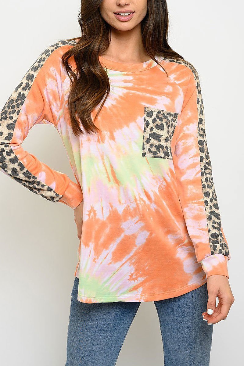 Contrast animal print tie dye long sleeve top (EDWT3071)