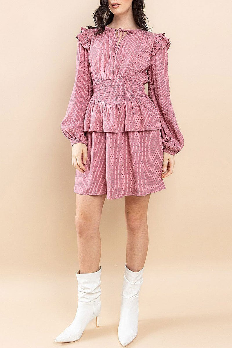 Long sleeve ruffle smock waist mini dress (EGWT1934)