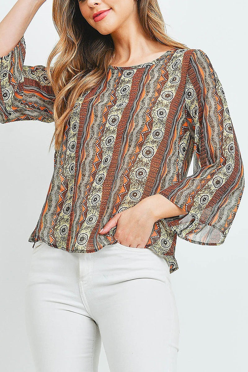 Tribal print open back sheer top (ED9803)