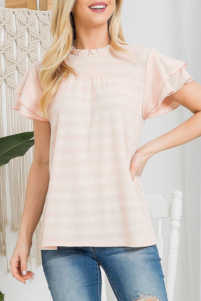 Merrow neck ruffle sleeve stripes top (EF3718)