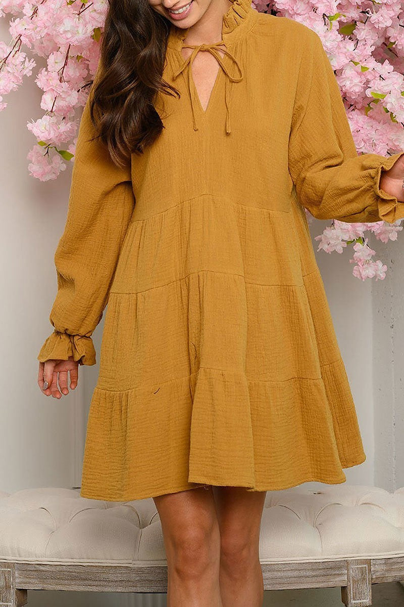 Long sleeve linen mini dress (EDWT4433)