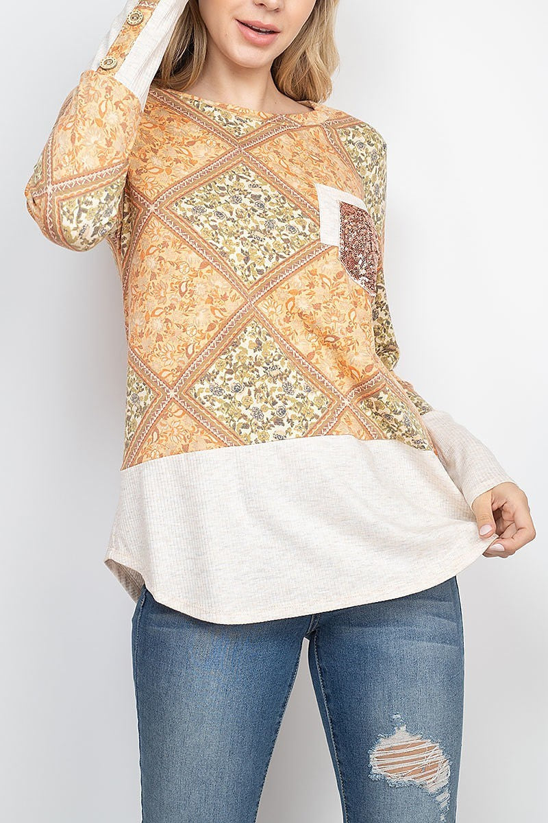 Button detail sleeve tile floral top with sequin pocket (EF2002)