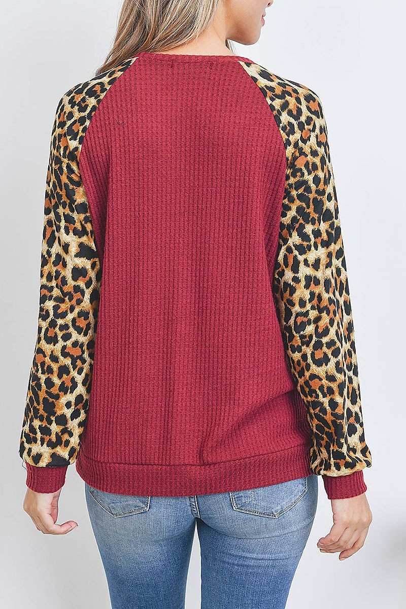 Leopard raglan sleeve knit waffle top (EF2695)