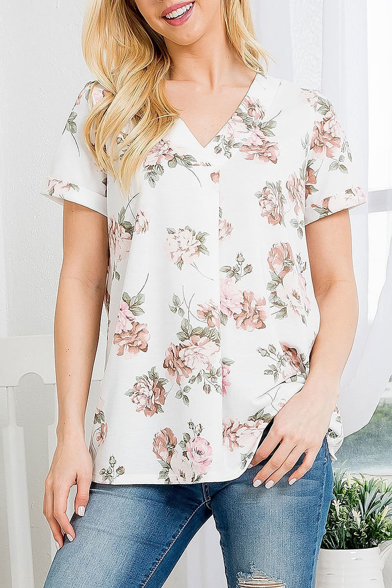 V neck short sleeve floral top (EF3440)