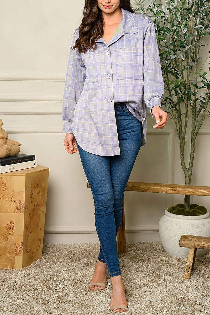 Long sleeve plaid button up top (EDWT5742)