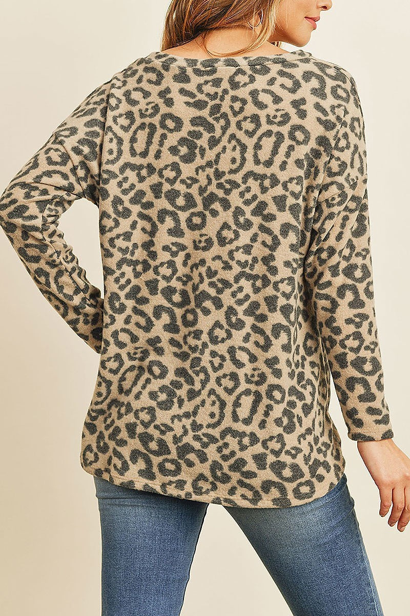 Leopard brushed long sleeve v neck knot top (ED8070)