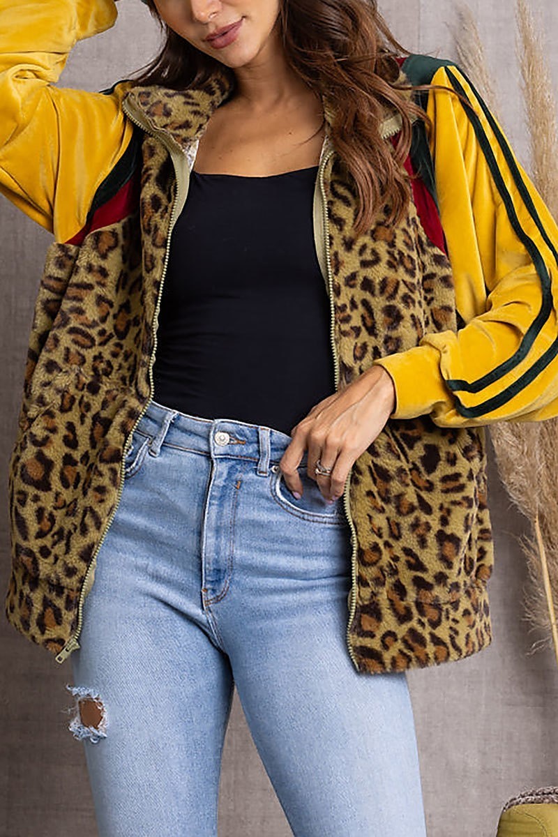 Leopard/mustard color block velour track jacket (EDSW3603)