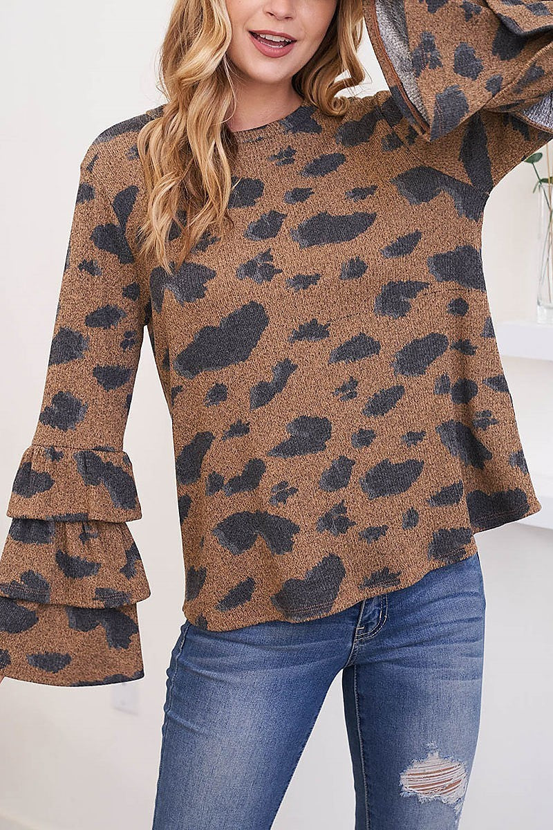 Layered ruffle long sleeve leopard top (EF2400)