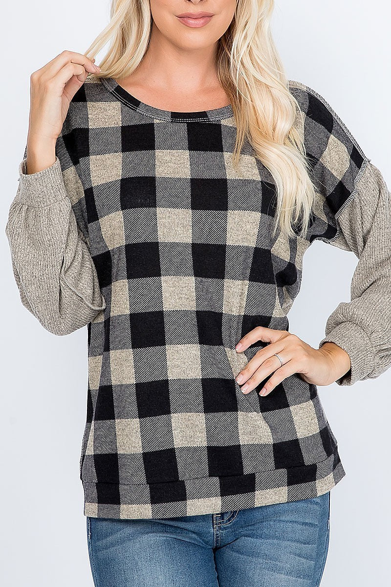 Overlock stitch plaid long sleeve top (EF7894)