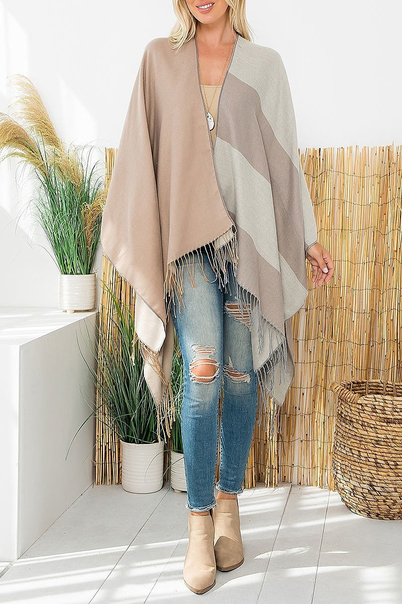 Stripes print fringe open front kimono (DGS6187)