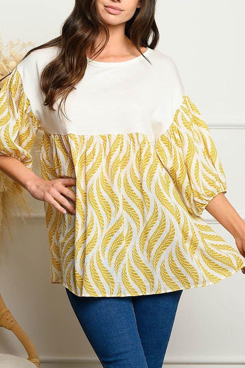 Quarter puff sleeve leaf print top (EDWT4140)