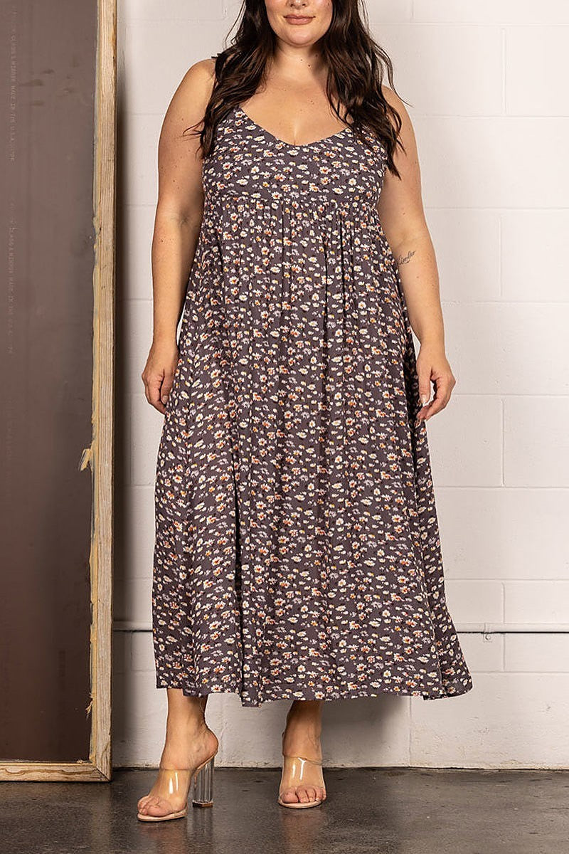 Criss cross floral print plus size maxi dress (EDSW4135)