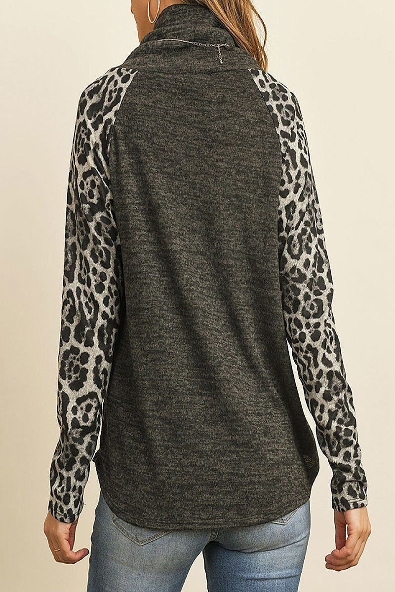 Cowl neck animal print sleeve color block top (ED7844)