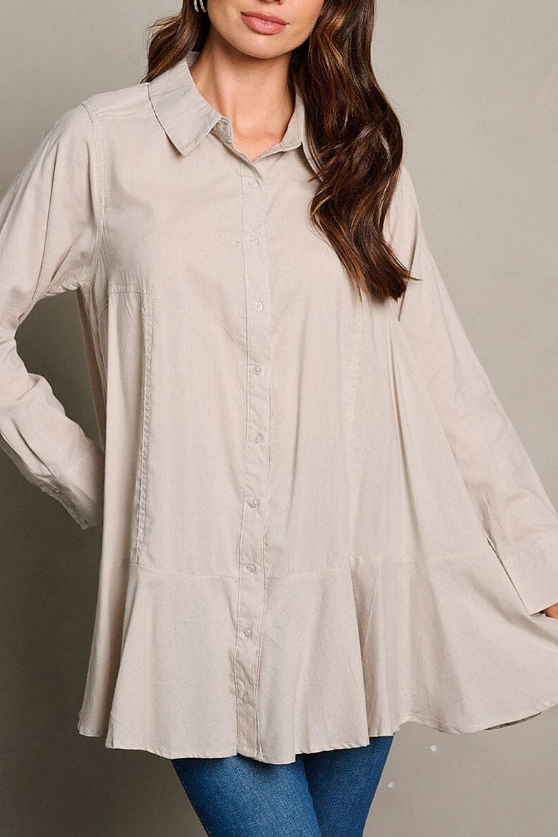 Long sleeve pockets button up tunic blouse top (EGWT2048)