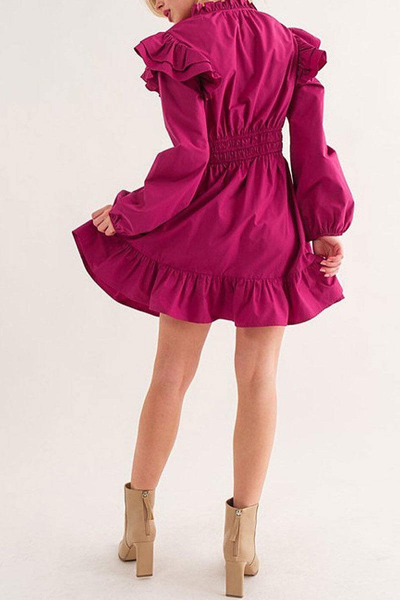 Long puff sleeve v-neck ruffle mini dress (EFWT5735)