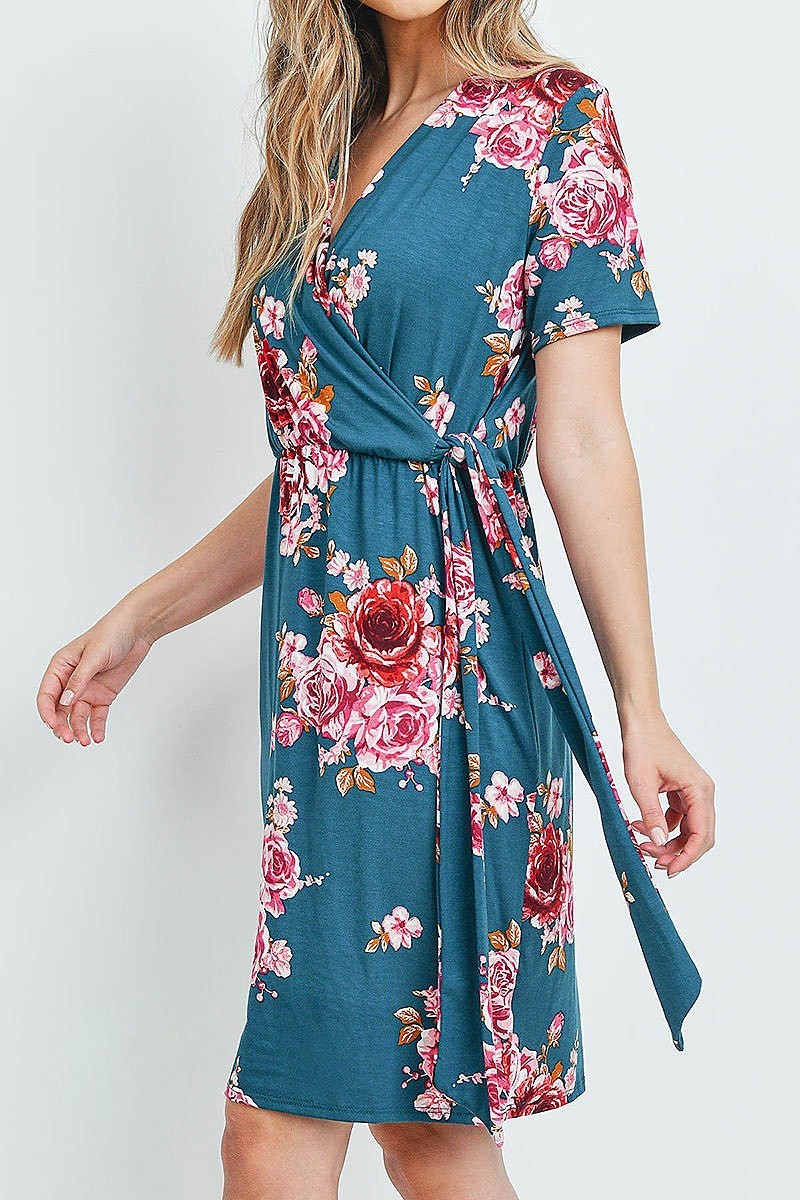 Surplice neckline cinch waist floral dress (DED6013-1)