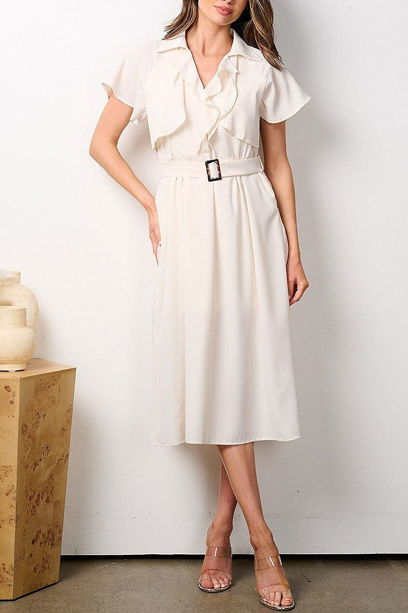 Short sleeves ruffle belted midi dress (EFWT7756)