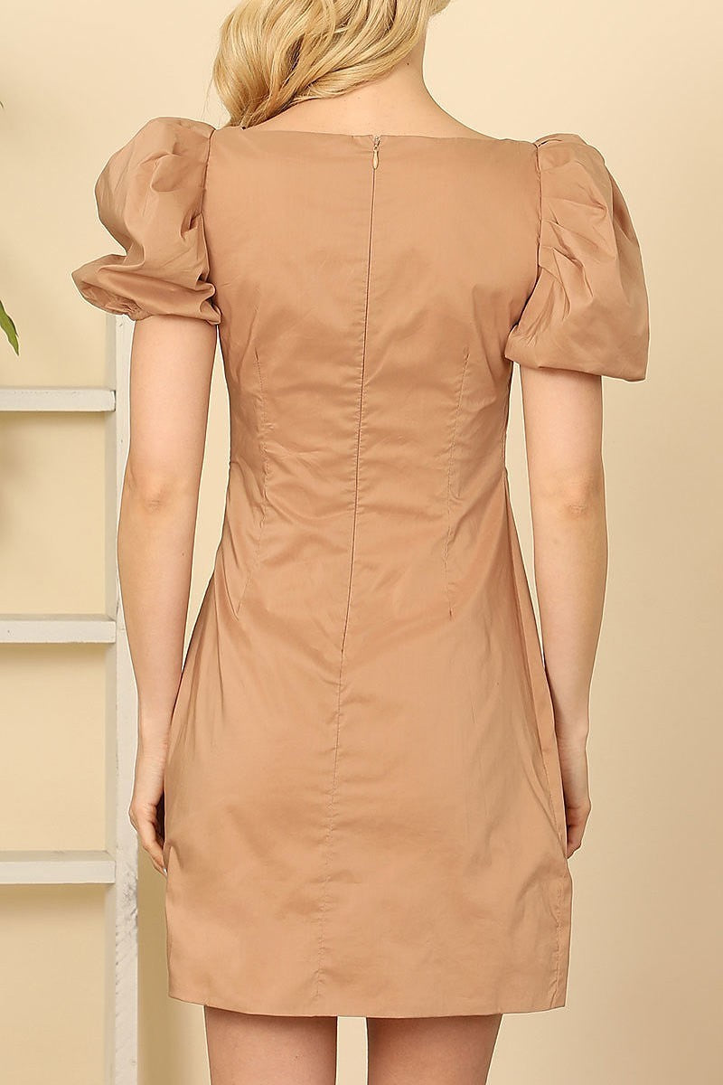 Puff short sleeve side ruched wrap detail dress (DED9410)