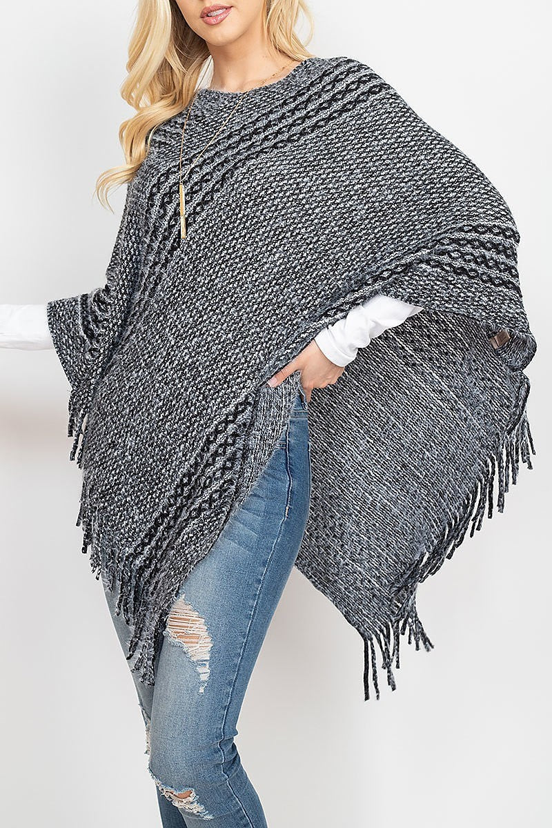 Striped knit tassel poncho (DGS5312)