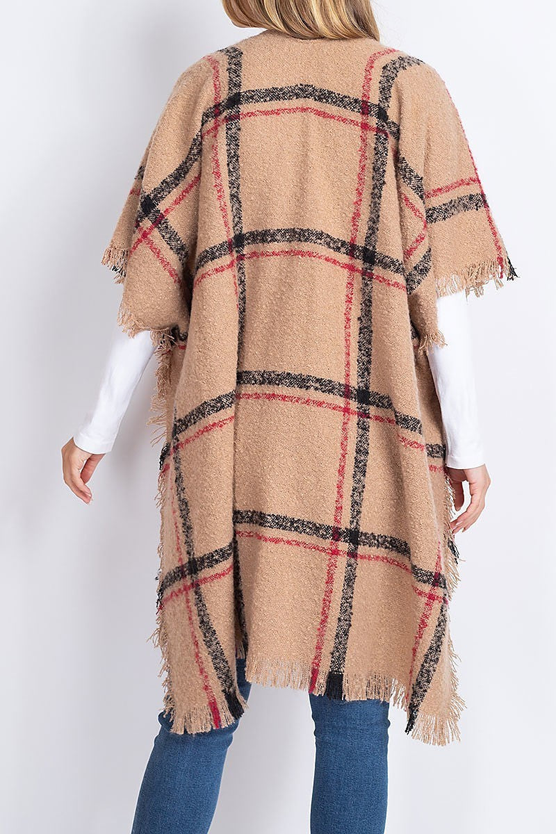 Plaid open front fringe kimono (DGS5411)