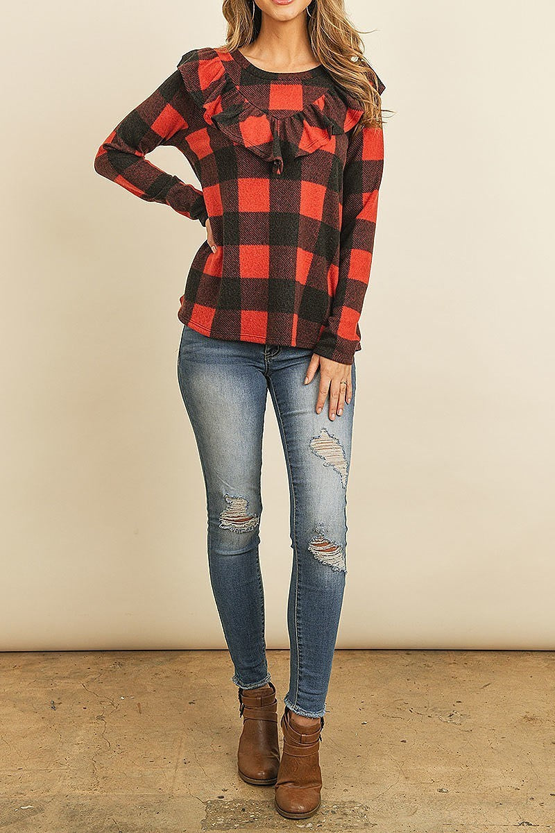 V shaped brushed plaid ruffle detail long sleeve top (ED8231)