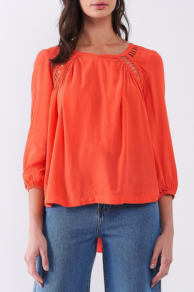 Open drape back bubble sleeve top (TDG8082)