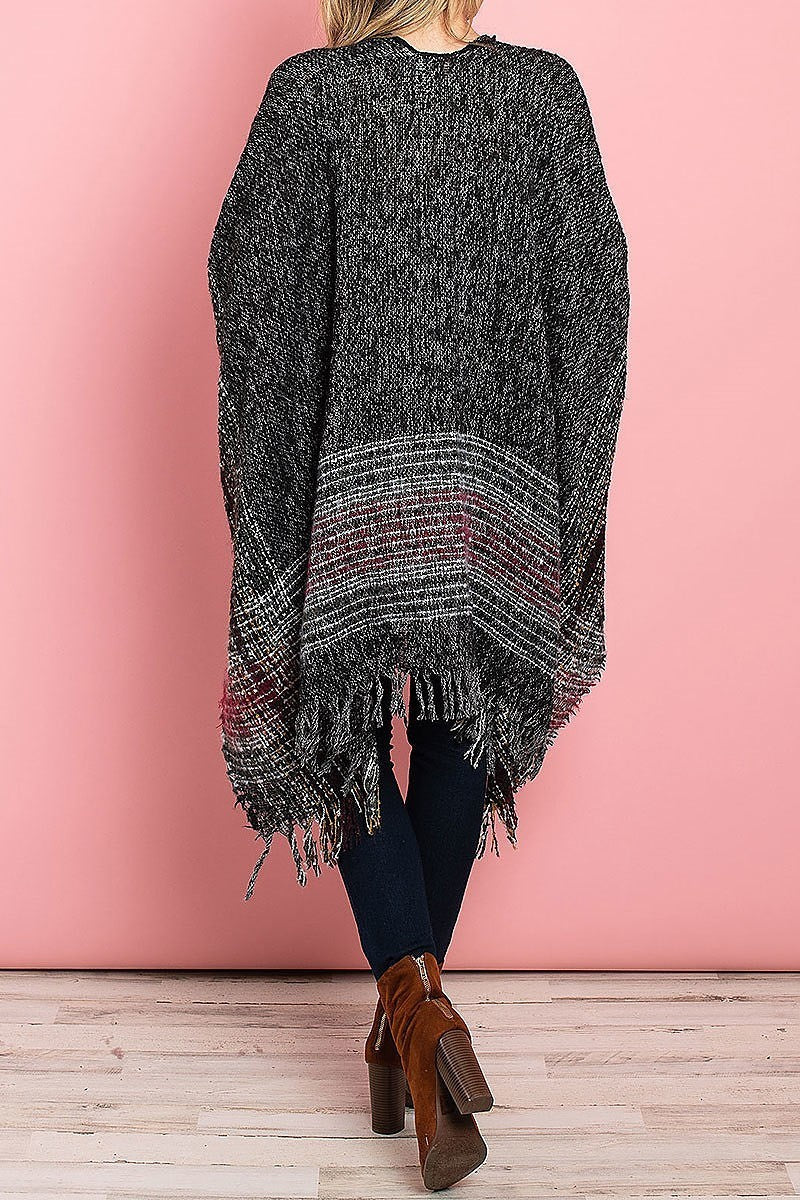 Fringe detail loose fit poncho sweater (DGS4917)