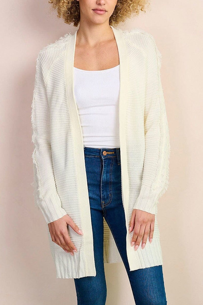 Long fringe sleeve open front ribbed cardigan (EFWT8553)