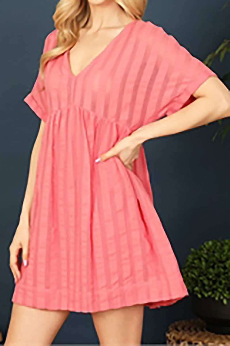 V-neck short sleeve textured babydoll dress (DED9273)