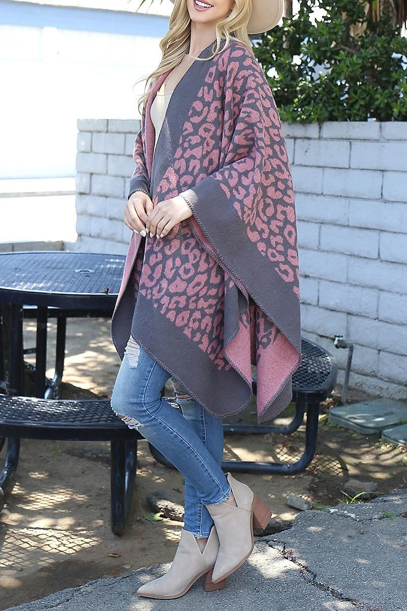 Border line leopard print warmer open front kimono (DGS6198)