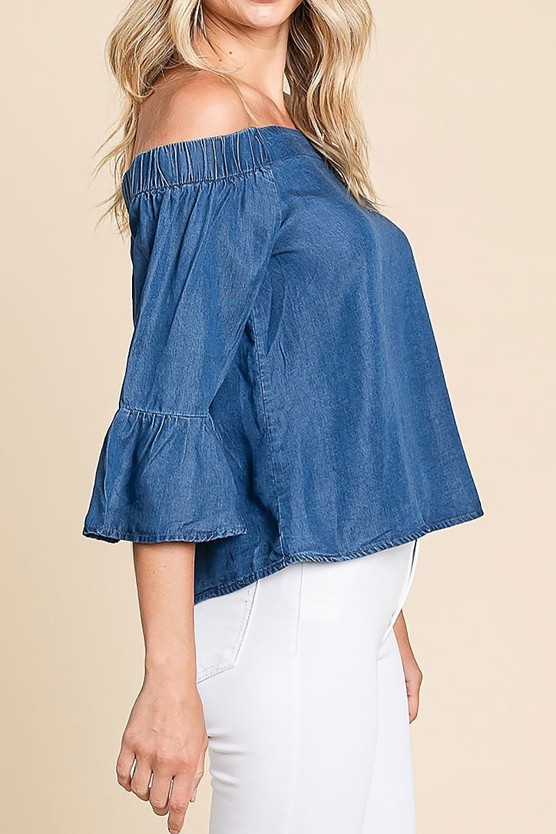 Chambray elastic off shoulder top (EDH1637)