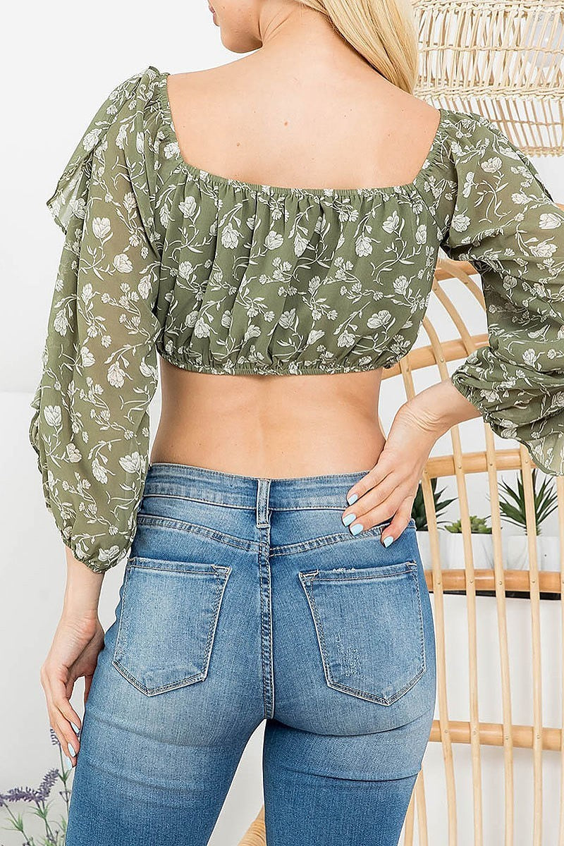 Floral print ruffle detail crop top (EF2956)