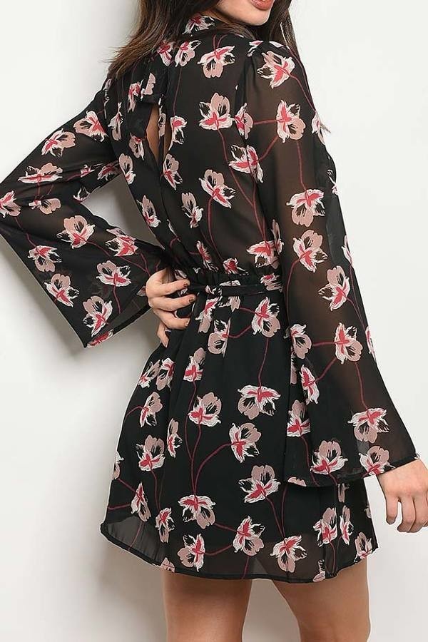 Mock neck with ruched detail floral print sheer bell sleeve dress (DGD7341-2020)