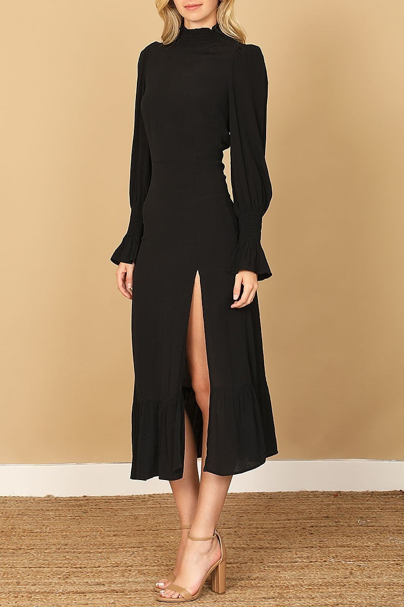 Smocked neck and long sleeve side slit solid dress (DED9785)