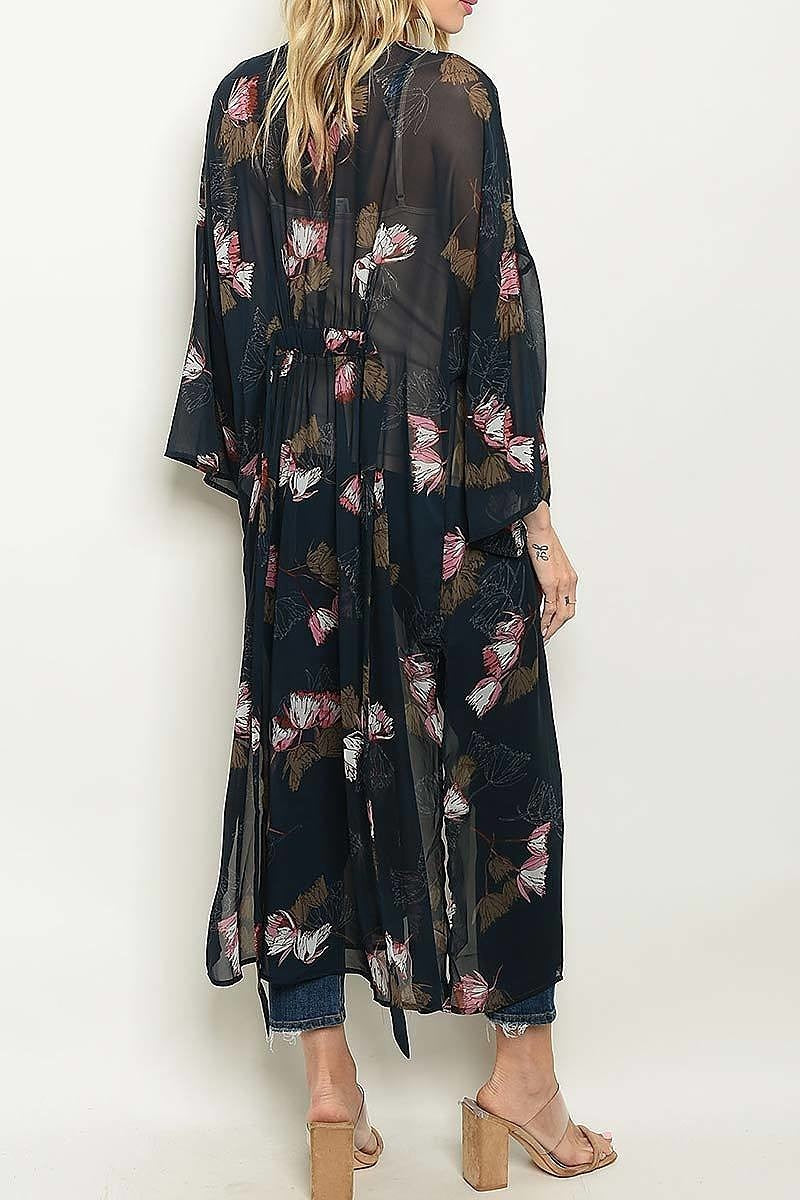 Floral print long line kimono top (ED4809-1)