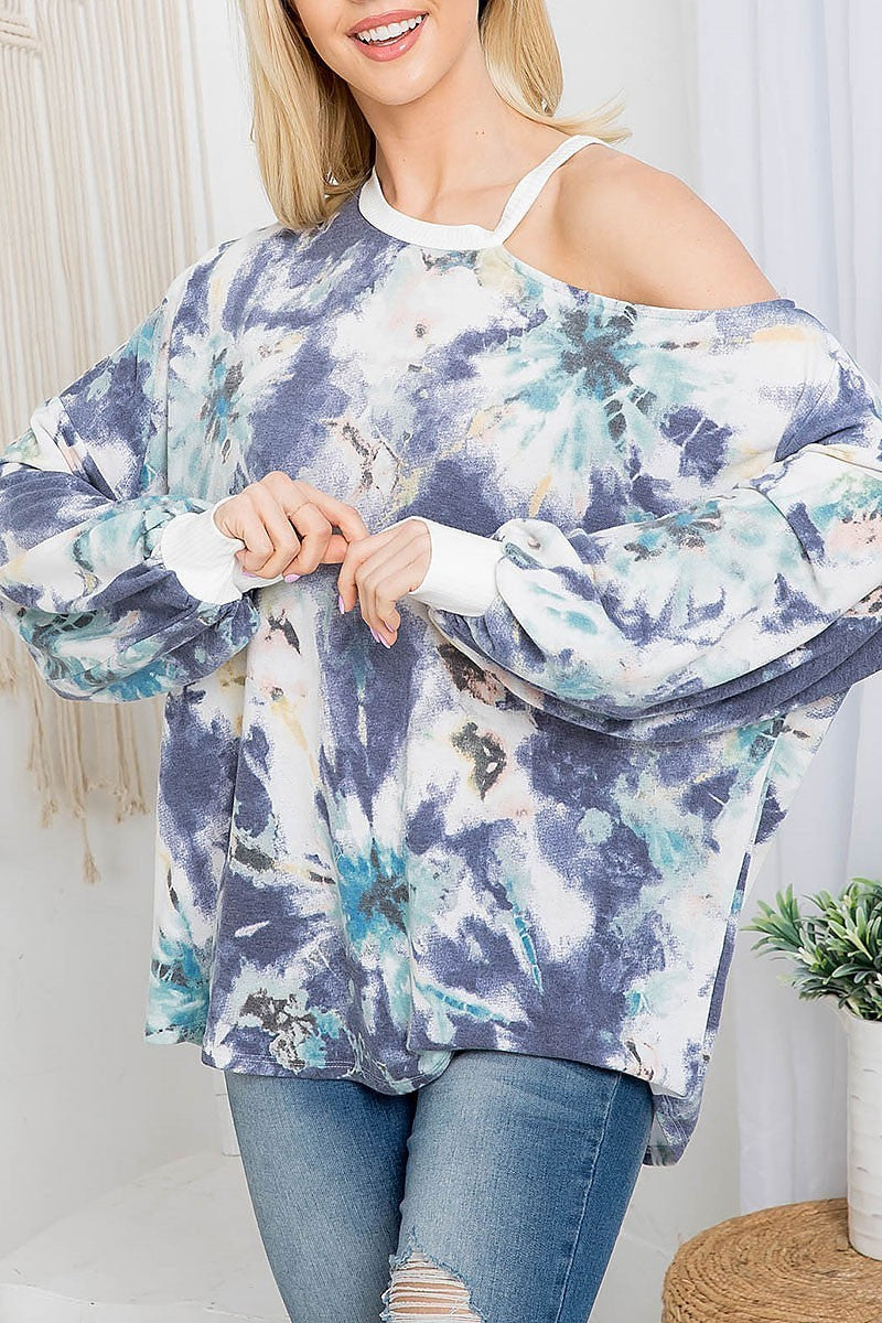 Off shoulder tie dye bubblle sleeve top (EF4170)