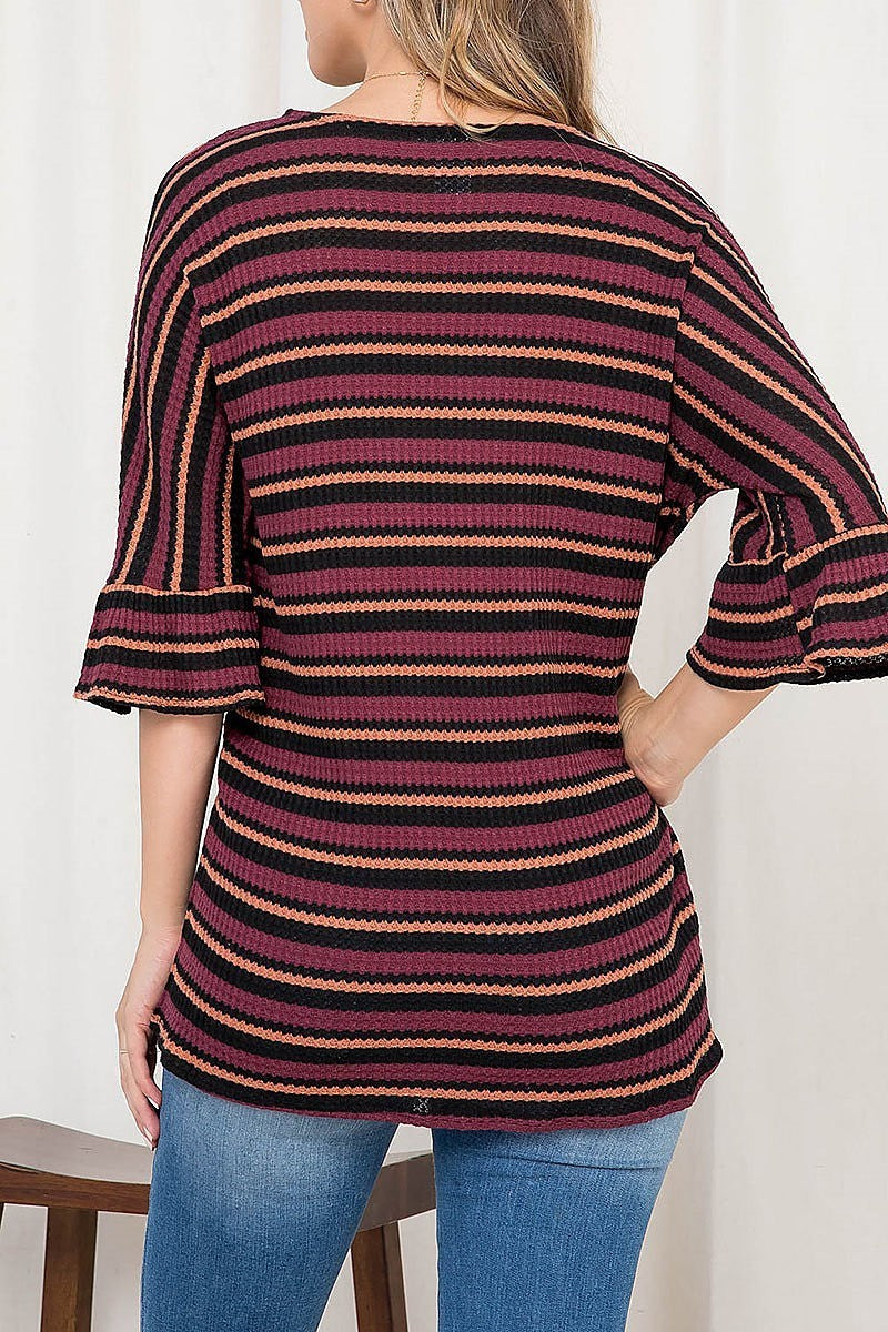 Waist tie bell sleeve multi stripe hi lo cardigan (DGS5530)