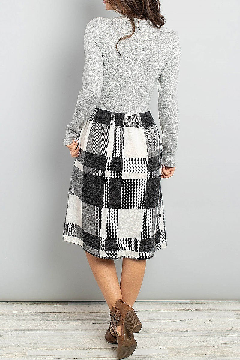 Two toned high neck long sleeves plaid contrast dress (DED5776)