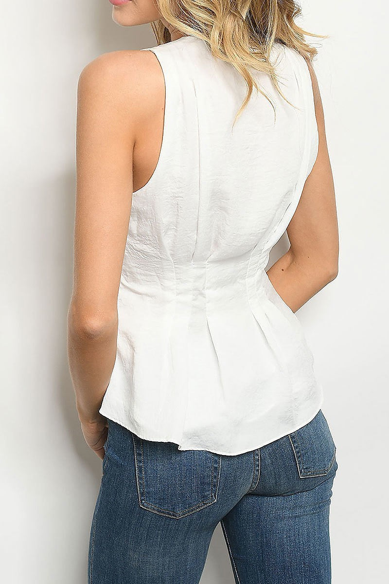 V neck button front cinched waist top (ED6995-LAST)