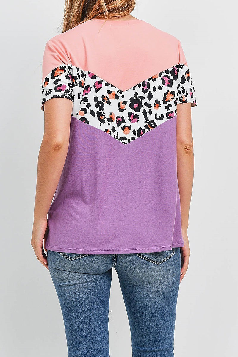 Chevron leopard color block top (EF1855)