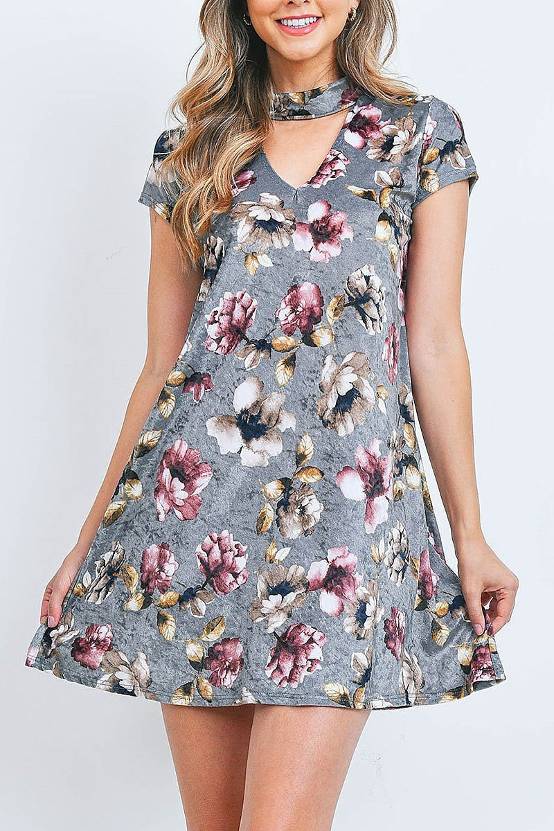 Choker neck floral print velvet dress (DED6914)