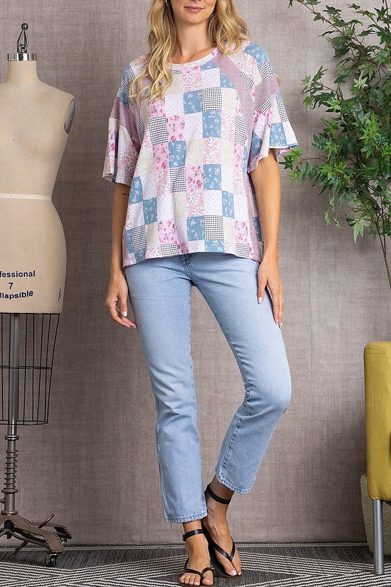 Floral striped patch work over size top (EDSW3333)