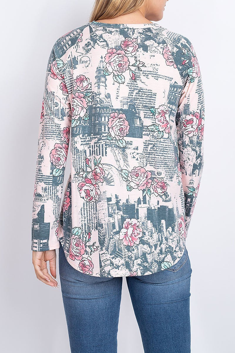 Floral newspaper print round neck top (EF1883)