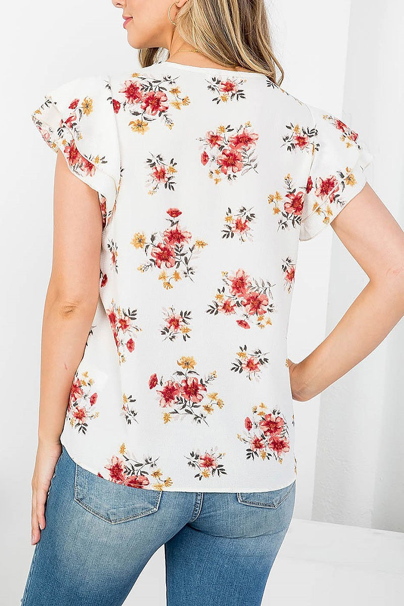 Ruffle sleeve round neck floral blouse (EF4371)