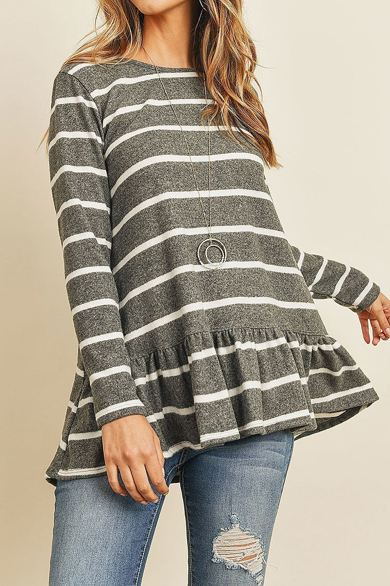 Stripe long sleeve ruffle detail hem tunic (ED8304-1)