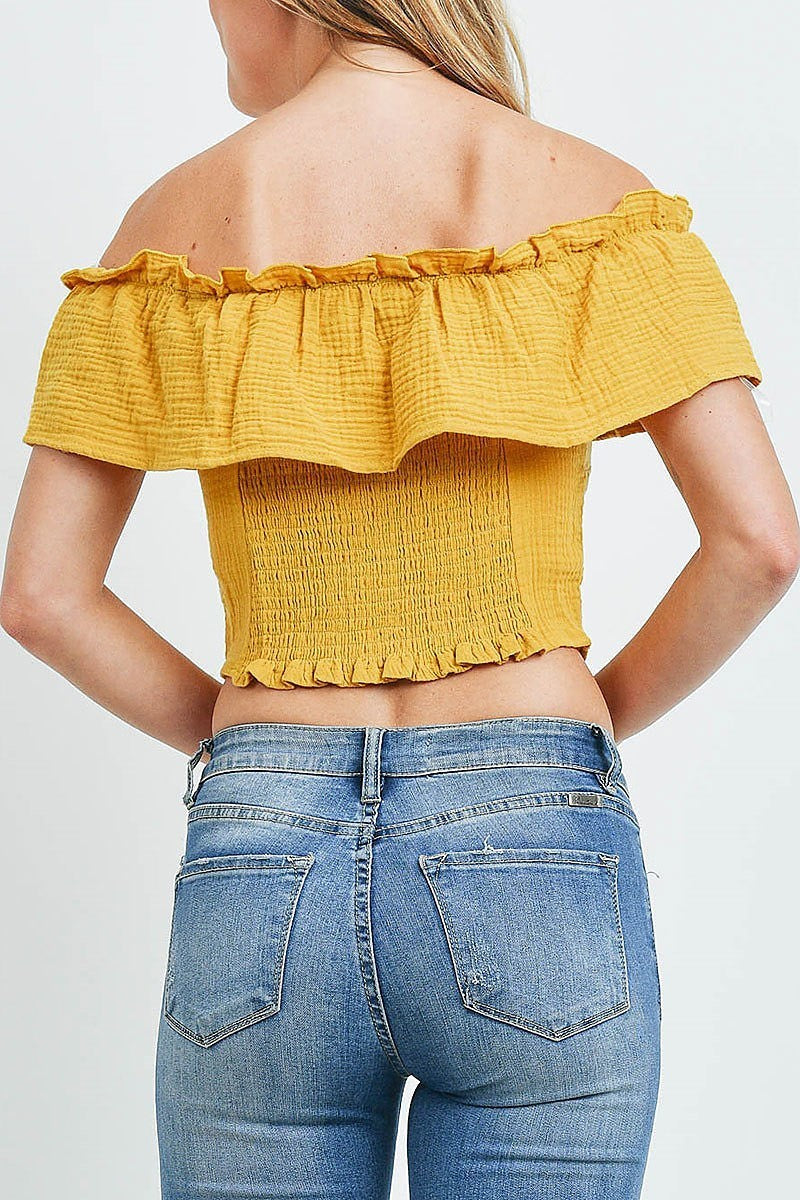 Off shoulder button front ruffle detail crop top (ED9759)