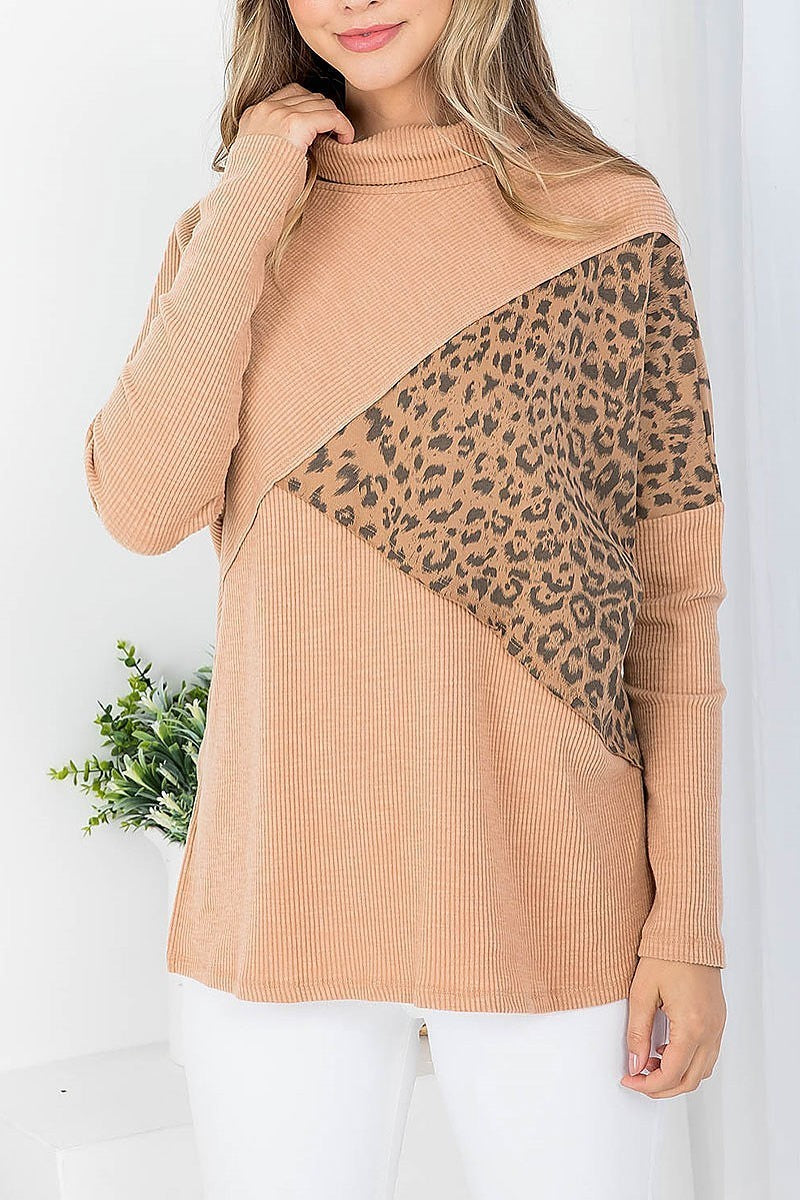 Animal print cowl neck long sleeve ribbed top (DGS5686)