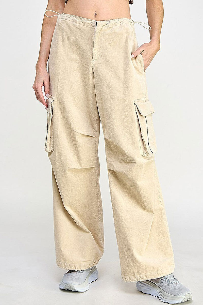 Zip up cargo pockets wide leg corduroy pants (EGWT2558)