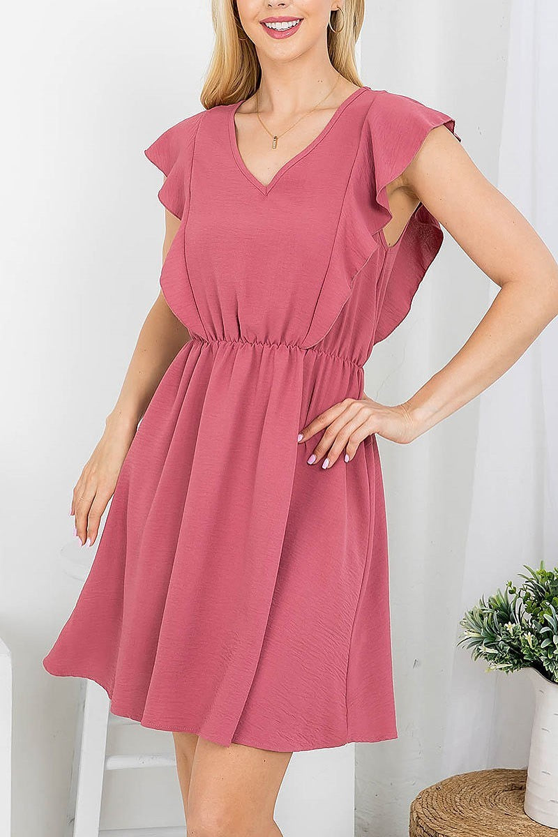 V neck ruffle sleeve a line dress (DED7826)