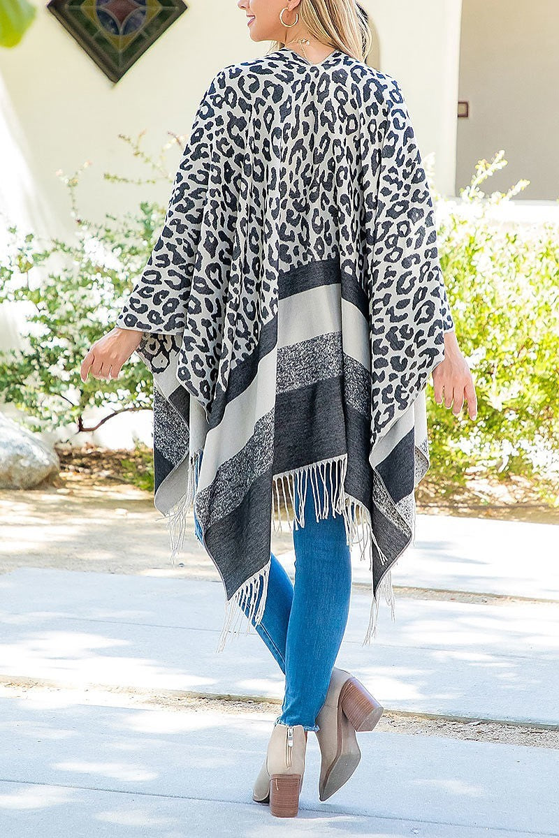 Stripe leopard fringe kimono wrap (DGS5833)